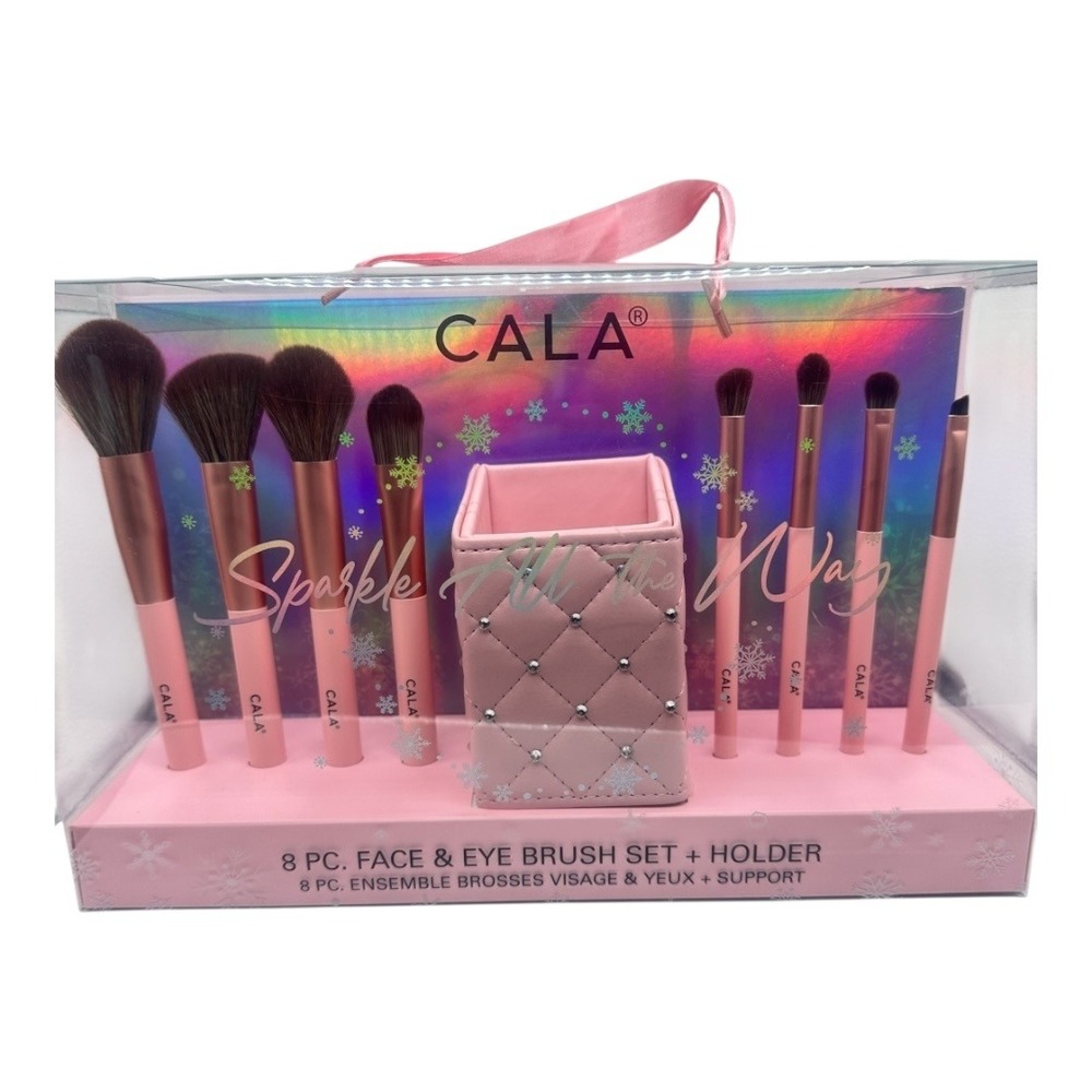 CALA 8 Pc Face & Eye Brush Set w Holder Pink Sparkle NIB - Picture 7 of 11